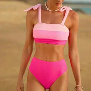 pink colorblock tie shoulder bikini